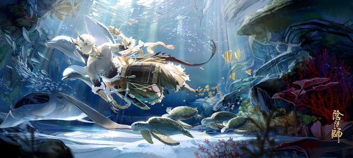 Onmyoji character riding dolphins underwater