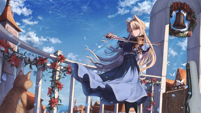 Cat girl playing violin on a balcony with a bell