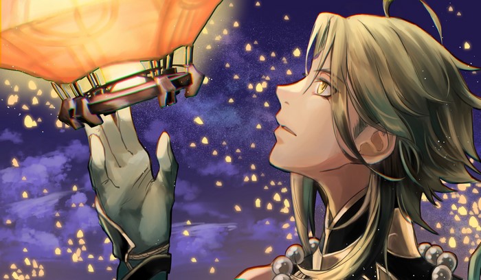 Xiao from Genshin Impact holding a lantern