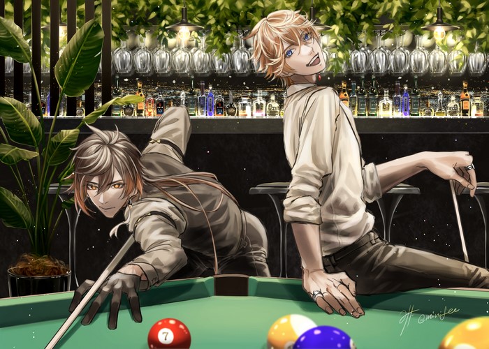 Tartaglia and Zhongli playing billiards at a bar