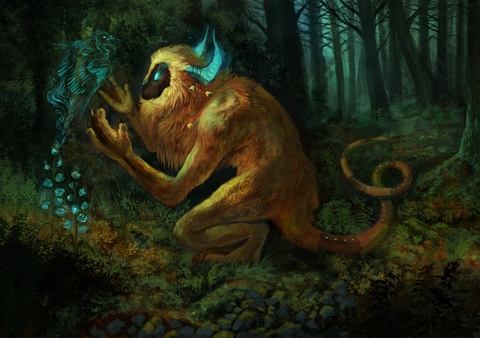 Fantasy creature with glowing horns in a dark forest