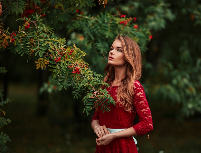 Woman in red dress near rowan tree