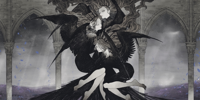 Three winged figures in gothic architecture