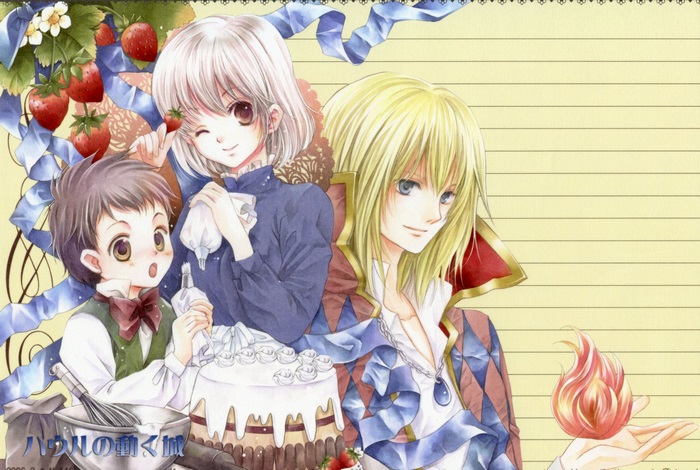 Howl's Moving Castle characters with cake and strawberries