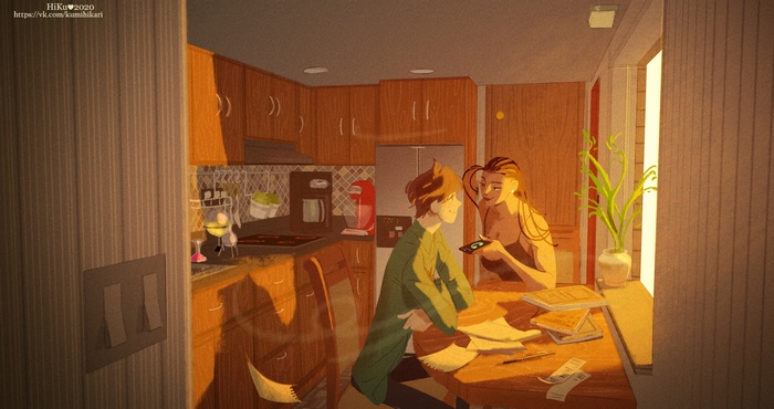 Two people in a kitchen at sunset