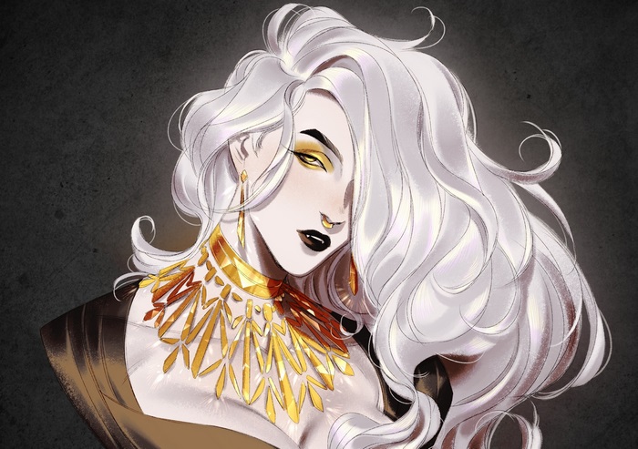 Woman with white hair and golden jewelry