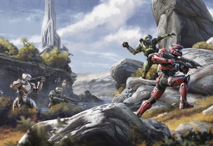 Halo warriors with weapons in a rocky landscape