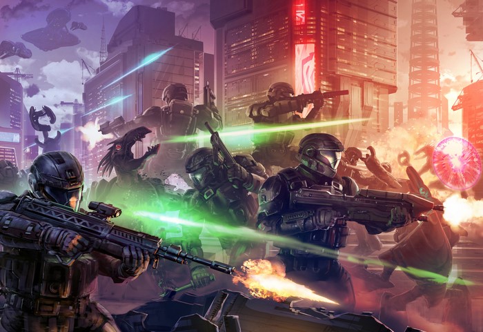 Halo Warriors in Futuristic Battle Scene