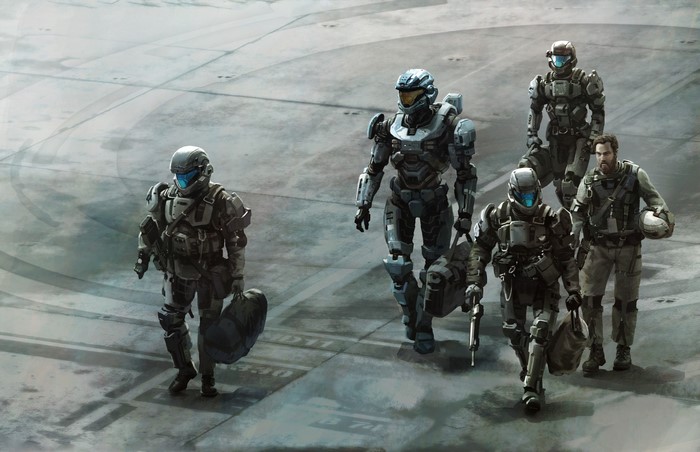 Soldiers in Halo armor walking on a tarmac