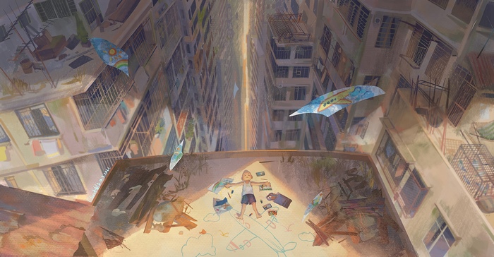 Child lying on drawing with umbrellas flying