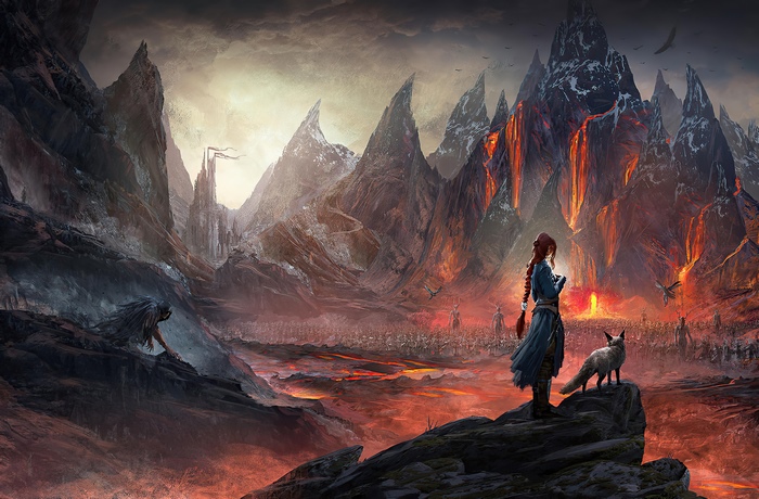 Fantasy Woman with Fox by Volcanic Mountain 4K