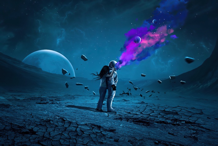 Astronaut and woman in space with nebula 4K