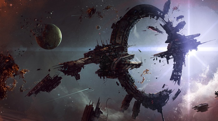 Space battle with damaged space station and planet