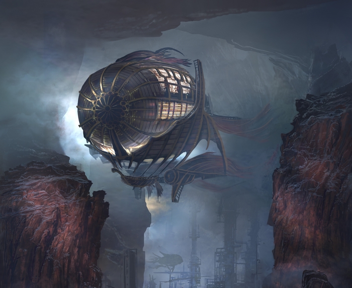 Steampunk Zeppelin flying through a misty canyon