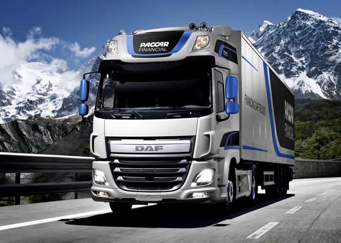 DAF Truck with PACCAR Financial branding driving on a mountain road