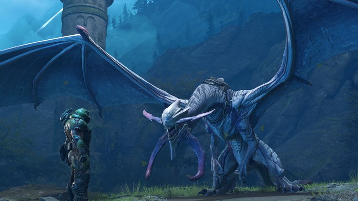 Doom Slayer facing a dragon in DOOM Eternal 4K
