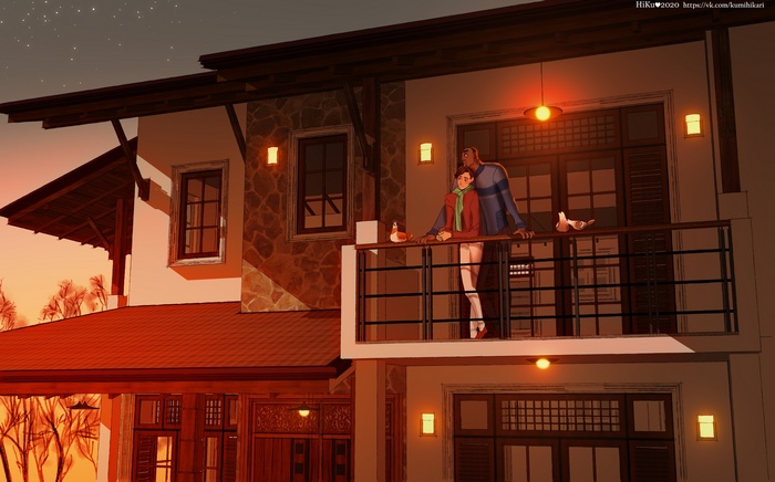 Couple on a balcony at sunset