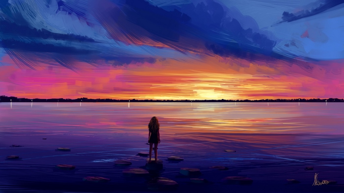 Girl standing on rocks in a lake at sunset