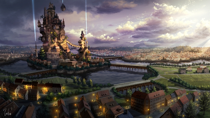 Fantasy city with a castle on a cliff overlooking a river