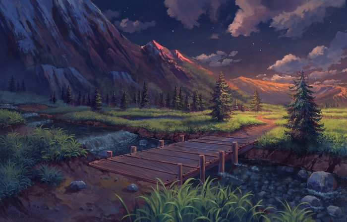Wooden bridge over a stream in a mountain landscape at dusk