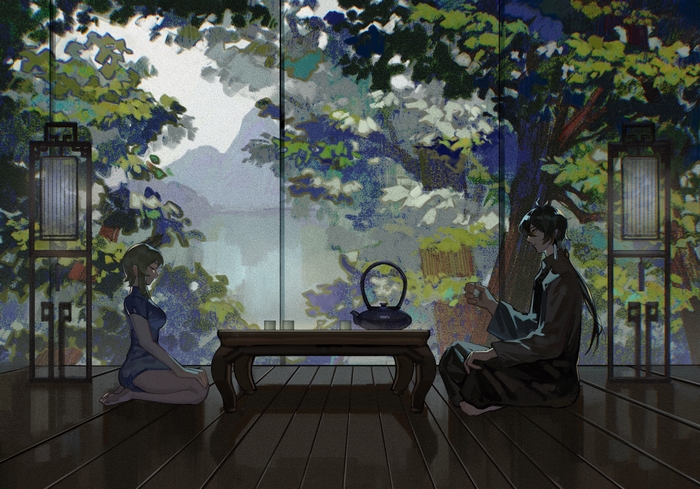 Lumine and Zhongli from Genshin Impact drinking tea