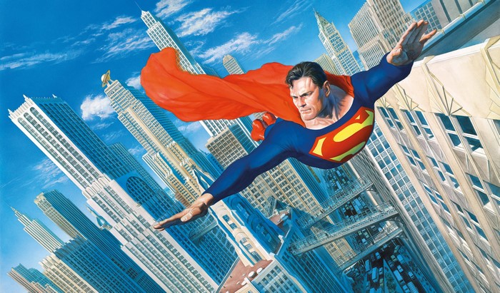 Superman flying over Metropolis