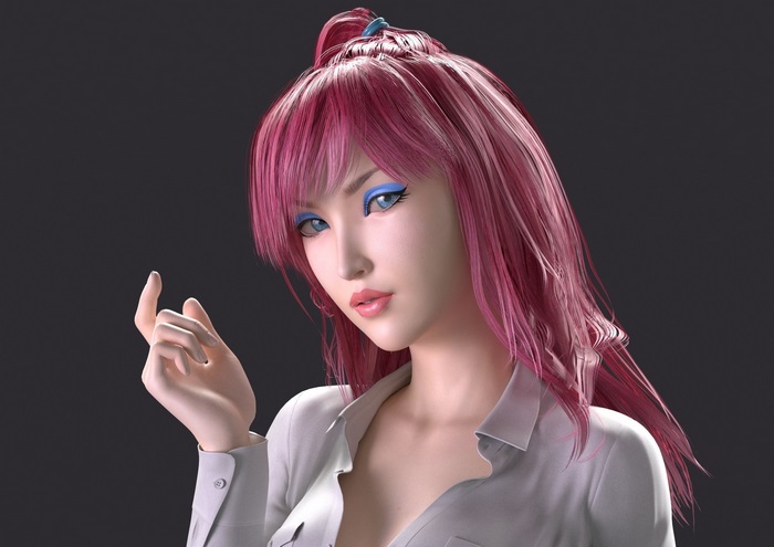 Pink-haired woman in white shirt