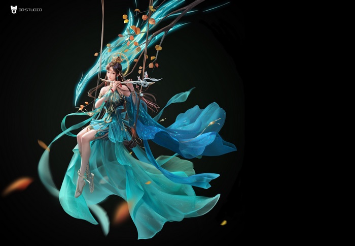 Fantasy Woman Playing Flute on a Branch