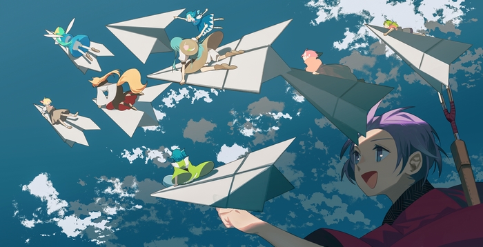 Anime characters riding paper airplanes in the sky