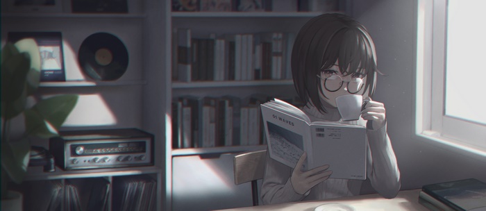 Anime girl reading a book and drinking coffee
