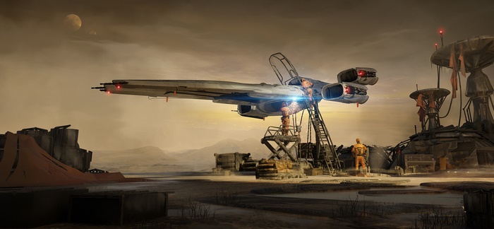 Sci Fi Spaceship at Alien Outpost