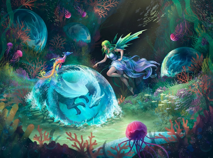 Fantasy Fairy and Dragon Underwater with Seahorse