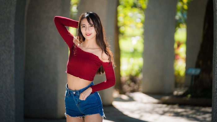 Asian Model in Red Top and Denim Shorts 4K