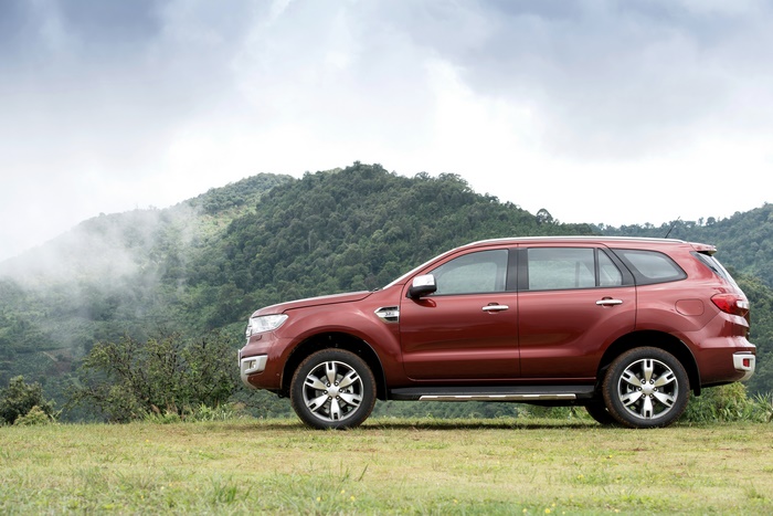 Red Ford Everest SUV parked on a grassy hill