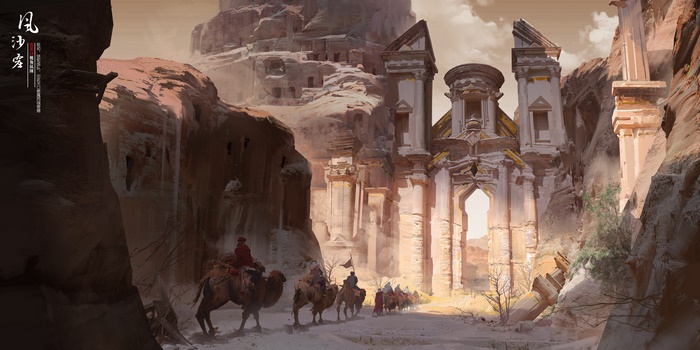Caravan of people on camels in desert ruins
