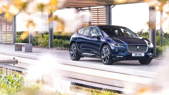 Blue Jaguar I-Pace SUV parked outdoors