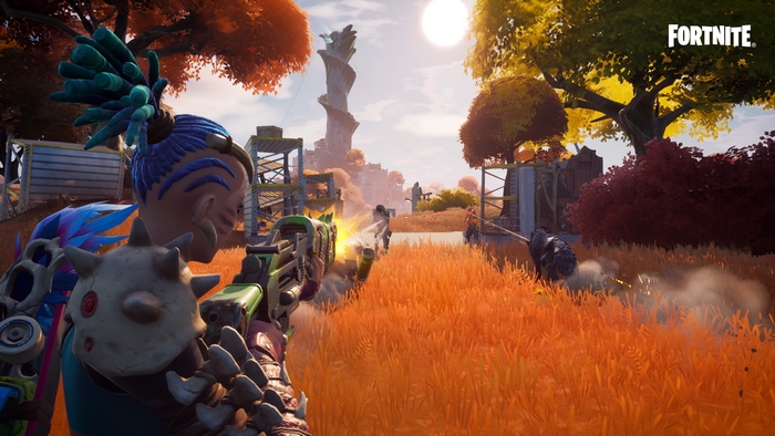 Fortnite characters in combat with assault rifles