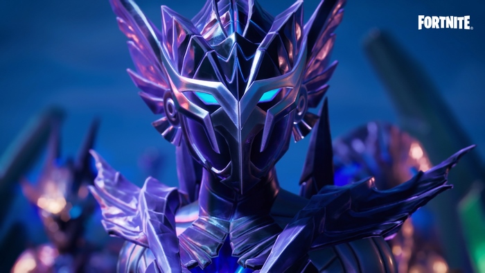 Fortnite character with glowing blue eyes and armor