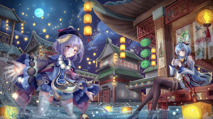 Ganyu and Qiqi from Genshin Impact at night