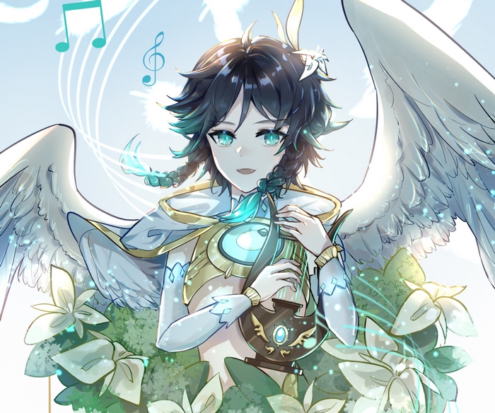Venti from Genshin Impact with wings playing a lyre