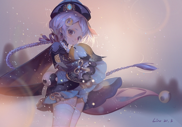 Qiqi from Genshin Impact holding a bird