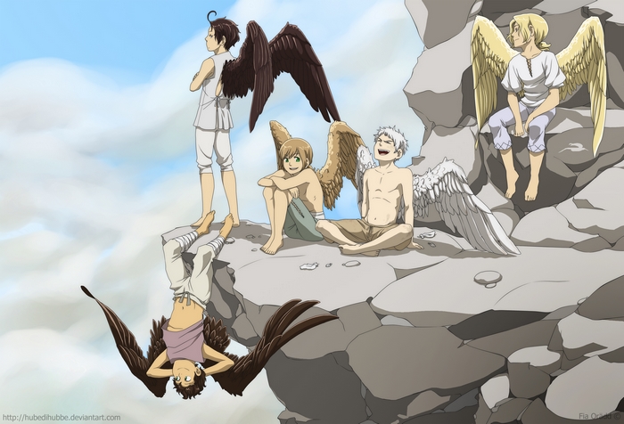 Hetalia: Axis Powers characters with wings on rocks