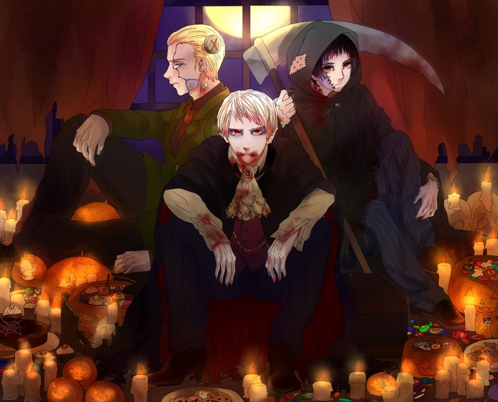 Prussia, Germany, and Japan from Hetalia in Halloween costumes