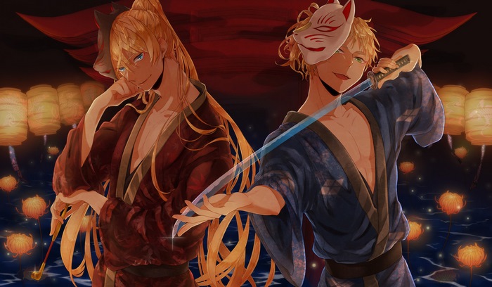 Two men in kimonos with fox masks, one holding a sword