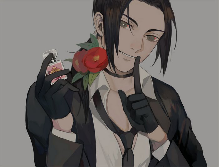 Anime man in suit holding perfume bottle