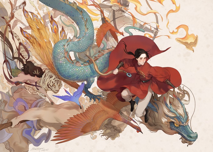 Person riding a dragon with mythical creatures