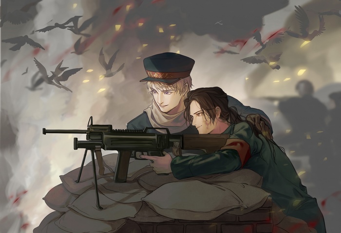 Russia and China from Hetalia aiming a machine gun