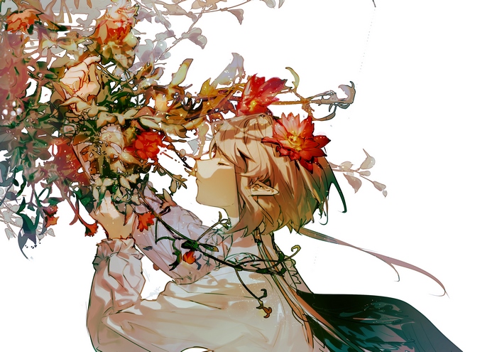 Anime boy with flowers in hair