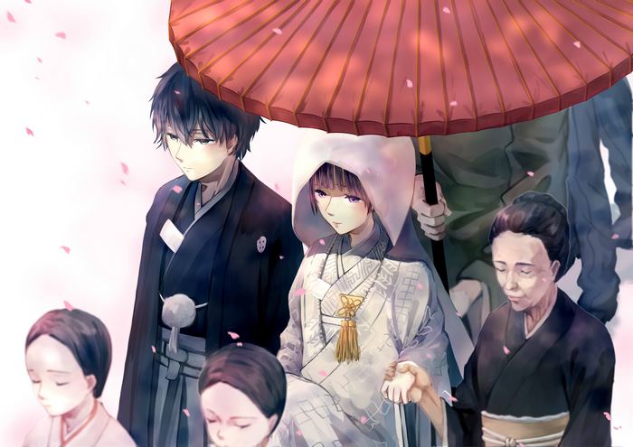Hyouka 4K: Hōtarō Oreki and Eru Chitanda under an umbrella