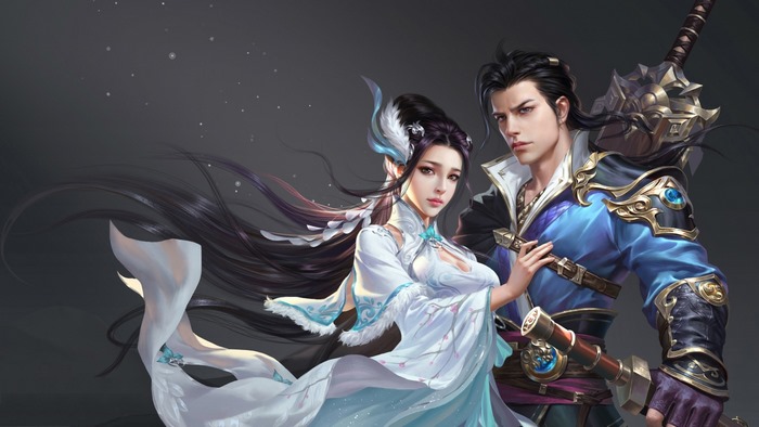 Fantasy warrior couple with swords